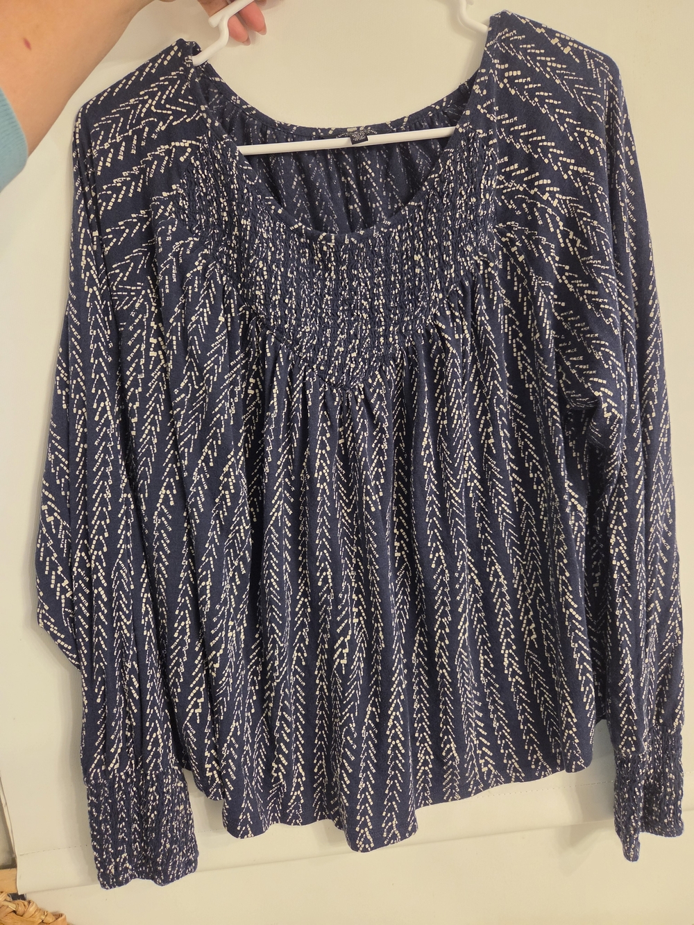 Lucky Brand Navy Blue White Smocked Peasant Blouse